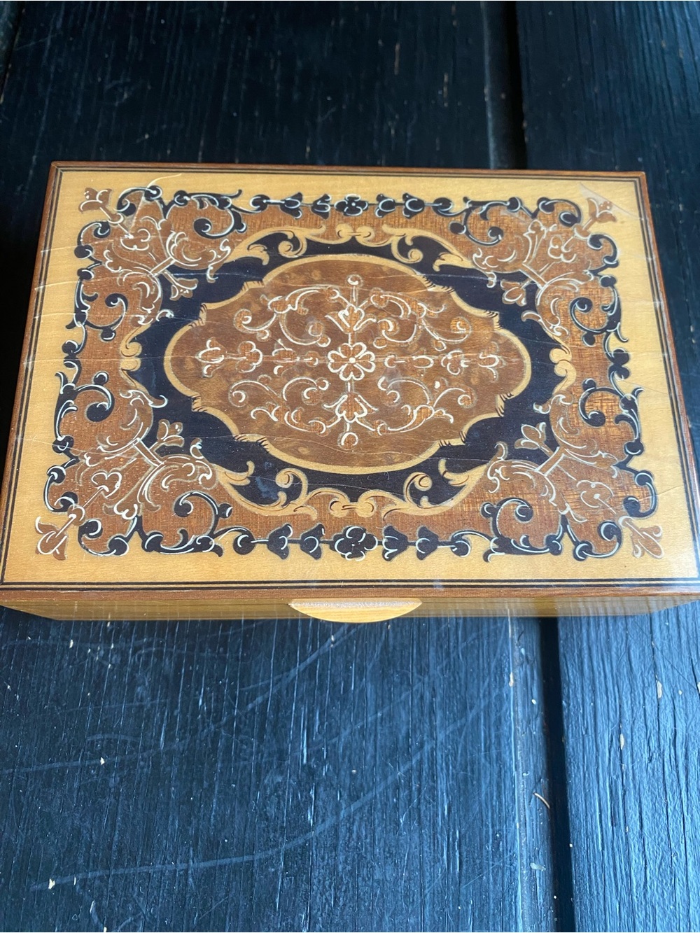 Ornate Inlay Decorative Wood Box in Brown and Black